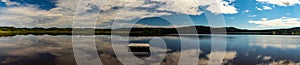 Large panorama of a pond with a pier.