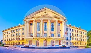 Large panorama of City Council, in typical style for soviet-era government building, Zaporizhzhia, Ukraine