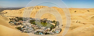 Large panoramic image of the desert oasis of Huacachina near the city of Ica, about 300 km south of Lima, the capital of Peru