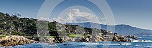 Large panoramic view of Coastline along the 17 Mile Drive in Pebble Beach of  Monterey Peninsula. California