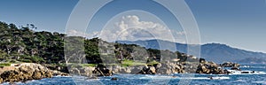 Large panoramic view of Coastline along the 17 Mile Drive in Pebble Beach of  Monterrey Peninsula. California