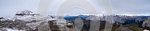 Large panoramic view on the Italian Dolomite from Sass Pordoi Terrazza Delle Dolomiti