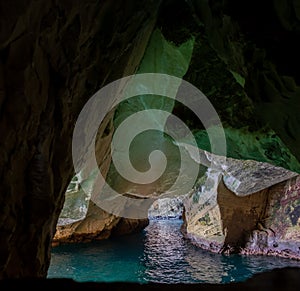 Large panoramic view of Rocks and grottoes at Rosh Hanikra. Israel