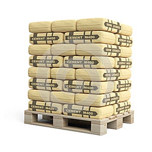 Large paper cement bags in stack on wooden pallet