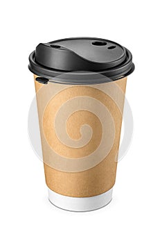 Large paper cup with brown sleeve and black plastic lid for latte coffee isolated on white