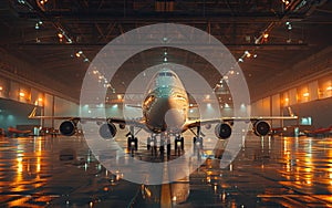 Large passenger airplane is being serviced in the hangar