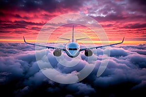 A large passenger jet flying above the clouds at sunset