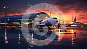 A large passenger plane arriving at the terminal building in the evening in rainy weather.