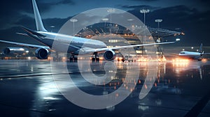 A large passenger plane arriving at the terminal building in the evening in rainy weather.