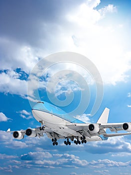 Large passenger plane in blue sky