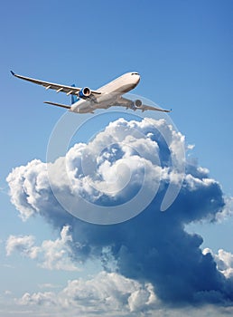 Large passenger plane in blue sky