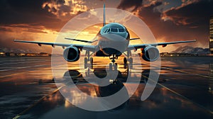 Large passenger plane on the runway at sunset. Vacation travel