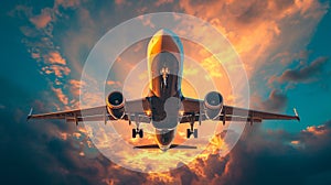 A large passenger plane stands up against the background.