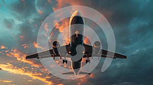 A large passenger plane stands up against the background of the sunset sky.