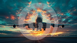 A large passenger plane stands up against the background of the sunset sky.