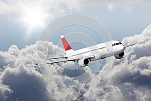 Large passenger planes in blue sky. Postcard