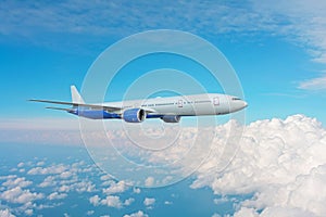 Large passenger widebody jet airliner flies above the clouds while climbing.