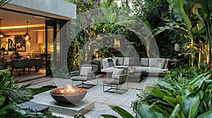 A large patio with a fire pit and a couch
