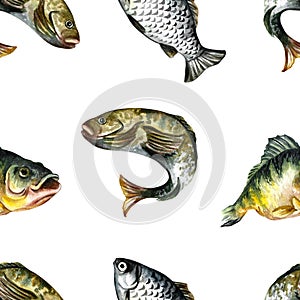 large pattern, seamless texture with fish for the angler. On a white background. Watercolor illustration.