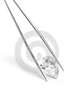 Large Pear Shape Diamond in Tweezers on White Background