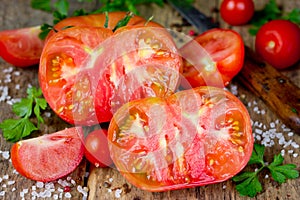 Large perfect cut tomato close-up