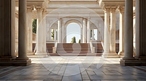 Large peristyle entrance with Greek columns stairs and large door in arc