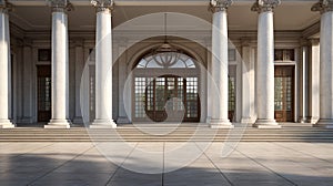 Large peristyle entrance with Greek columns stairs and large glass door