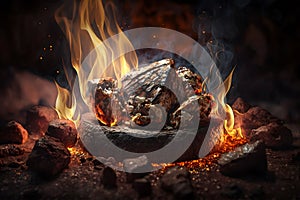 A large piece of grilled meat on a round stone with fire in the background.. Delicious dish. Artistic blur