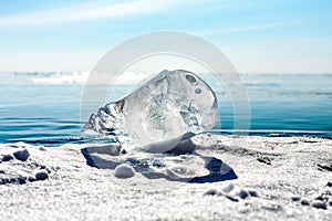 A large piece of ice on Lake Baikal. transparent blue ice.