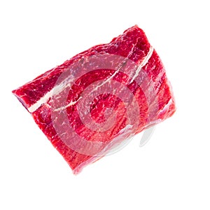 large piece of meat, raw beef fillet isolated on white background. Striploin, top view