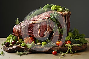 A large piece of meat surrounded by vegetables, AI