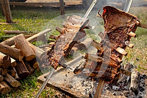 Large pieces of beef rib. Typical BBQ campfire using skewers