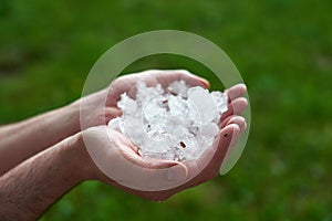 man holding a handful of large hailstones. consequences of natural anomalies photo