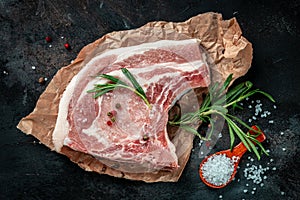 Large pieces of Raw Pork meat chop steak. Food recipe background. Close up