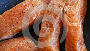 Large pieces of red salmon fish fillets are fried in a pan