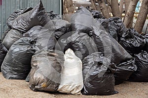 A large pile of black garbage bags. Garbage removal on the city streets. Seasonal cleaning of city streets.