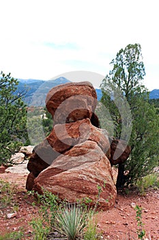 A large pile of boulders on the Siamese Twins Trail at the Garden of the Gods in Colorado