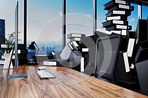 Large pile of document folders and stack of ring binders flooding modern office workplace with pc and skyline view; burnout