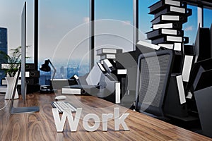 Large pile of document folders and stack of ring binders flooding modern office workplace with pc and skyline view; pressure