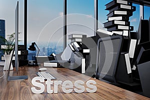 Large pile of document folders and stack of ring binders flooding modern office workplace with pc and skyline view; stress concept