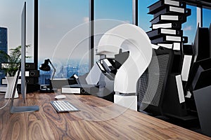 Large pile of document folders and stack of ring binders flooding office workplace with pc and skyline view; question mark;