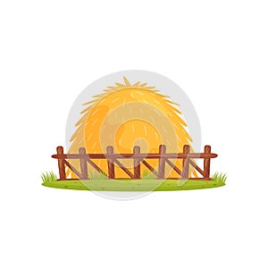 Large pile of dry hay behind wooden fence. Farm theme. Cartoon vector design for children book or mobile game