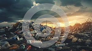 A large pile of garbage and discarded items under a stormy sky. Landfill with cans, bottles, and other trash. Perfect