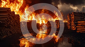 A large pile of logs on fire in a forest