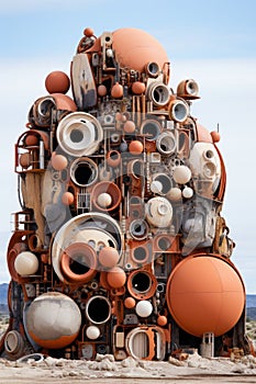 A large pile of orange and white pots and pans, AI