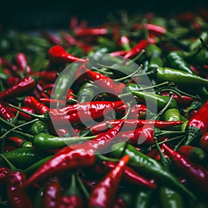 a large pile of red and green chili peppers