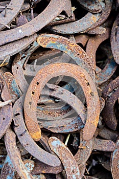 Large pile of rusty used Horseshoes