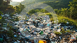 A large pile of trash and bottles on a hillside, AI