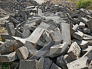 Large pile of used concrete blocks