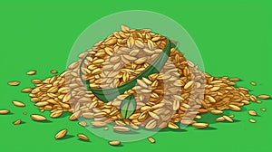 Large pile of yellow grains, possibly oats or wheat. These grains are sitting on top of green background, creating an